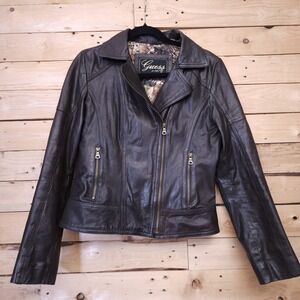 GUESS 100% Leather Jacket Women's Size M Brown Moto Asymmetrical Zip Soft